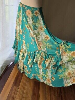 Turquoise Floral Ruffle Maxi Skirt Large Y2K Boho Fairycore Festival Amber Sky